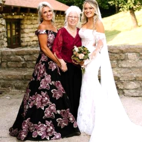 Jovani Black Off the Shoulder Sequin Floral Dress Mother of Bride Flare Luxury - Picture 13 of 16